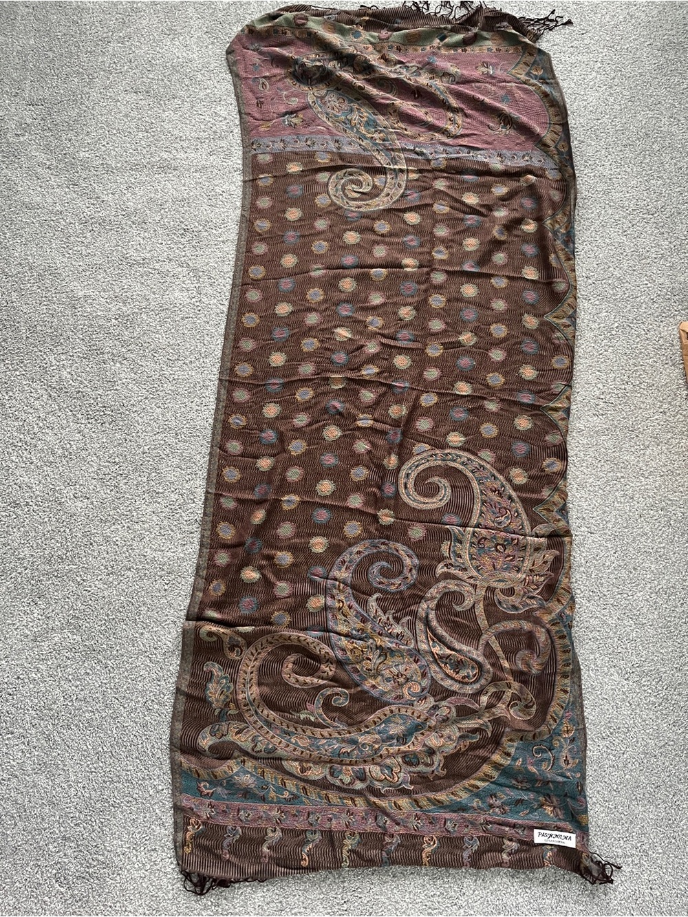 Pashmina Teal and Brown Floral Paisley Scarf with Fringe